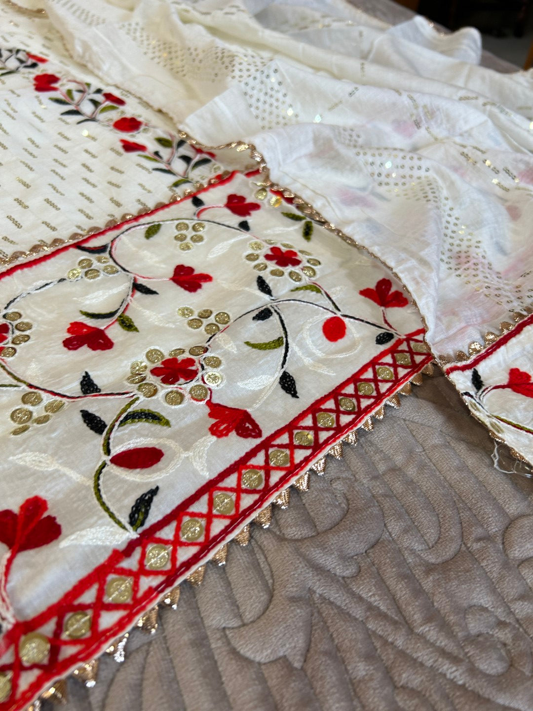 White Embroidered cotton salwar kameez material - Unstitched