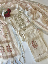 Light cream mul linen unstitched salwar suit material with elegant pitta work and all over printed design