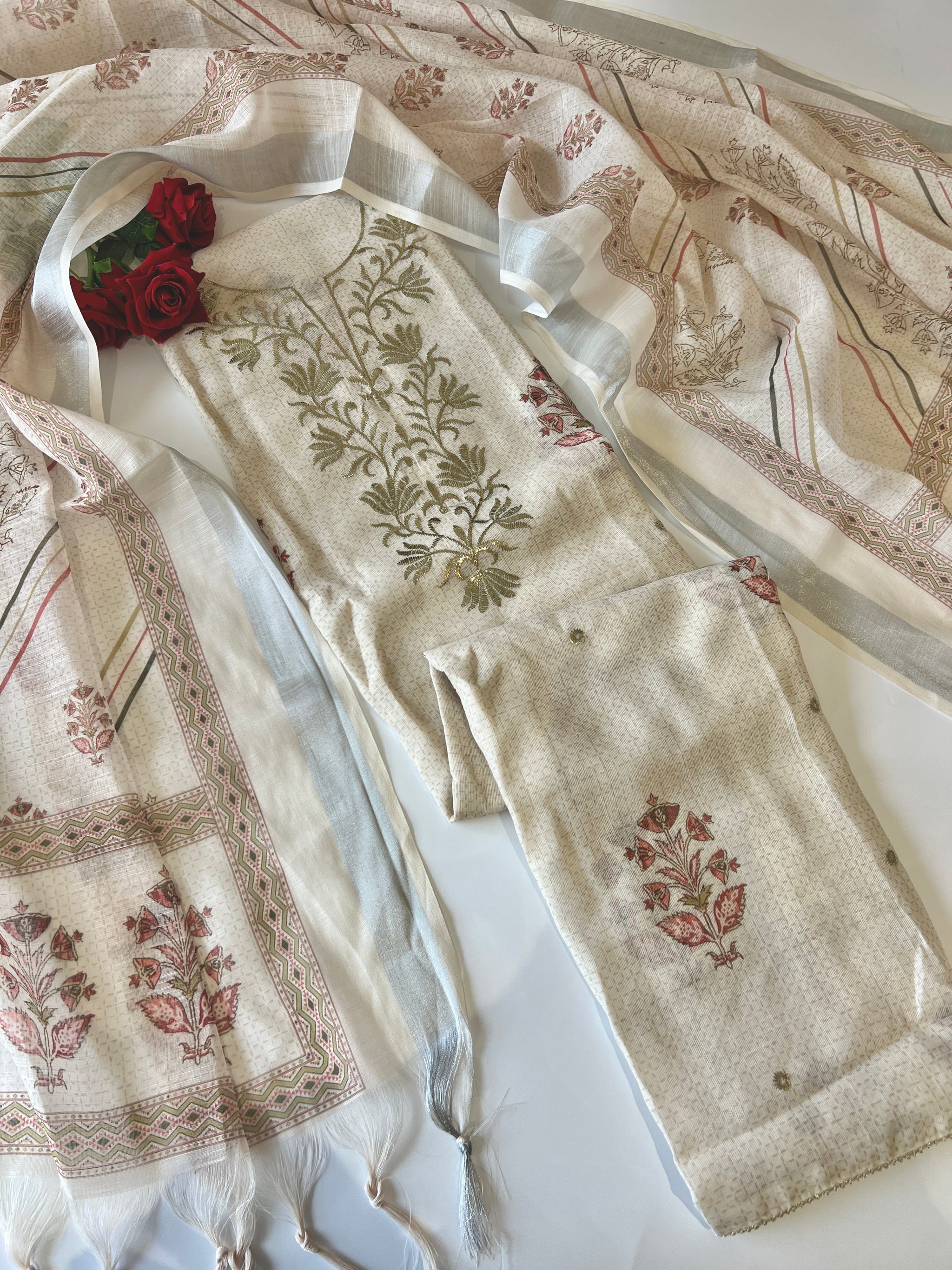 Light cream mul linen unstitched salwar suit material with elegant pitta work and all over printed design