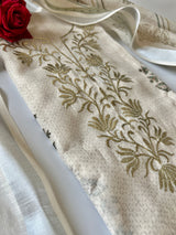 Light cream mul linen unstitched salwar suit material with elegant pitta work and all over print
