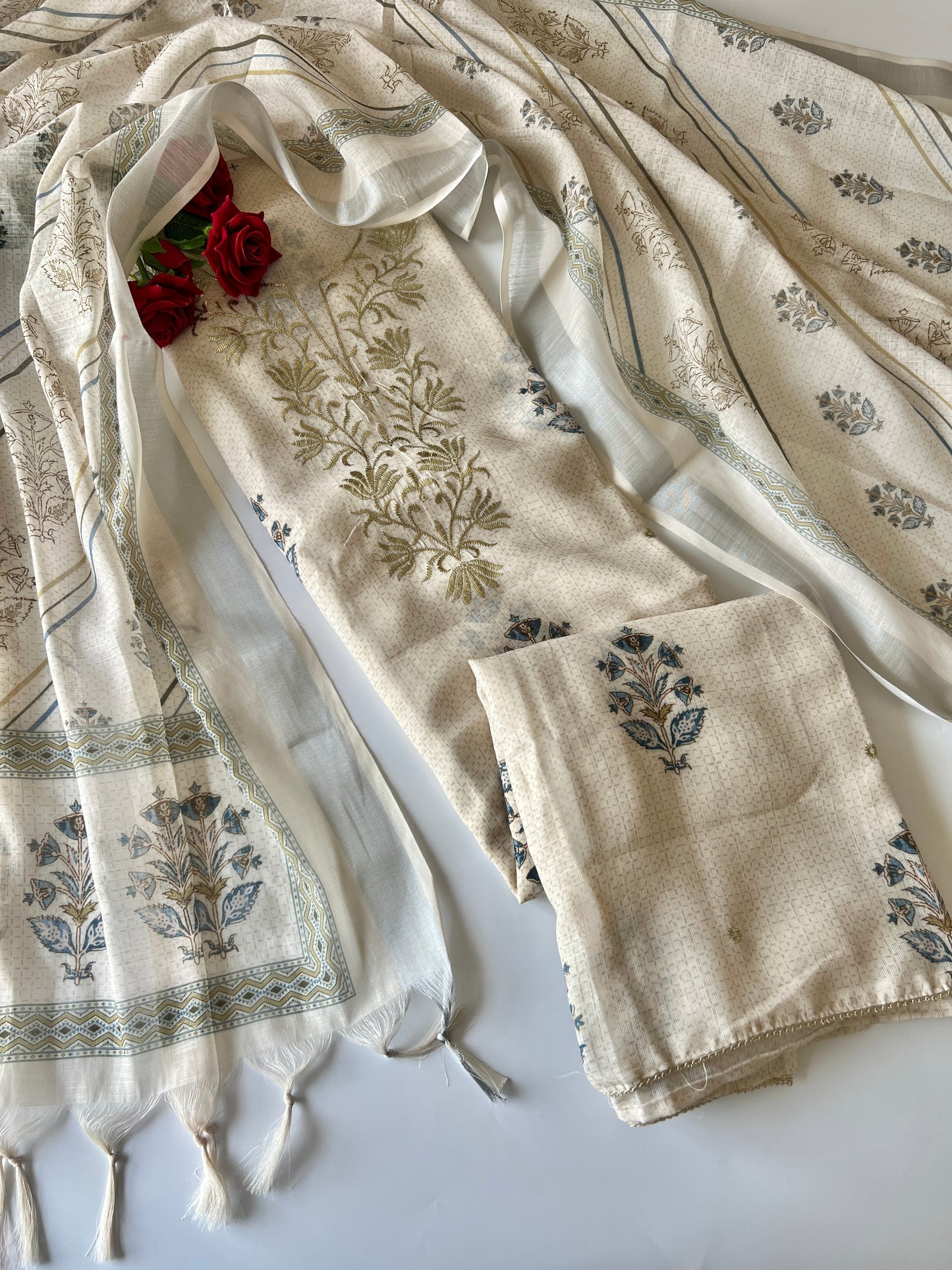 Light cream mul linen unstitched salwar suit material with elegant pitta work and all over print