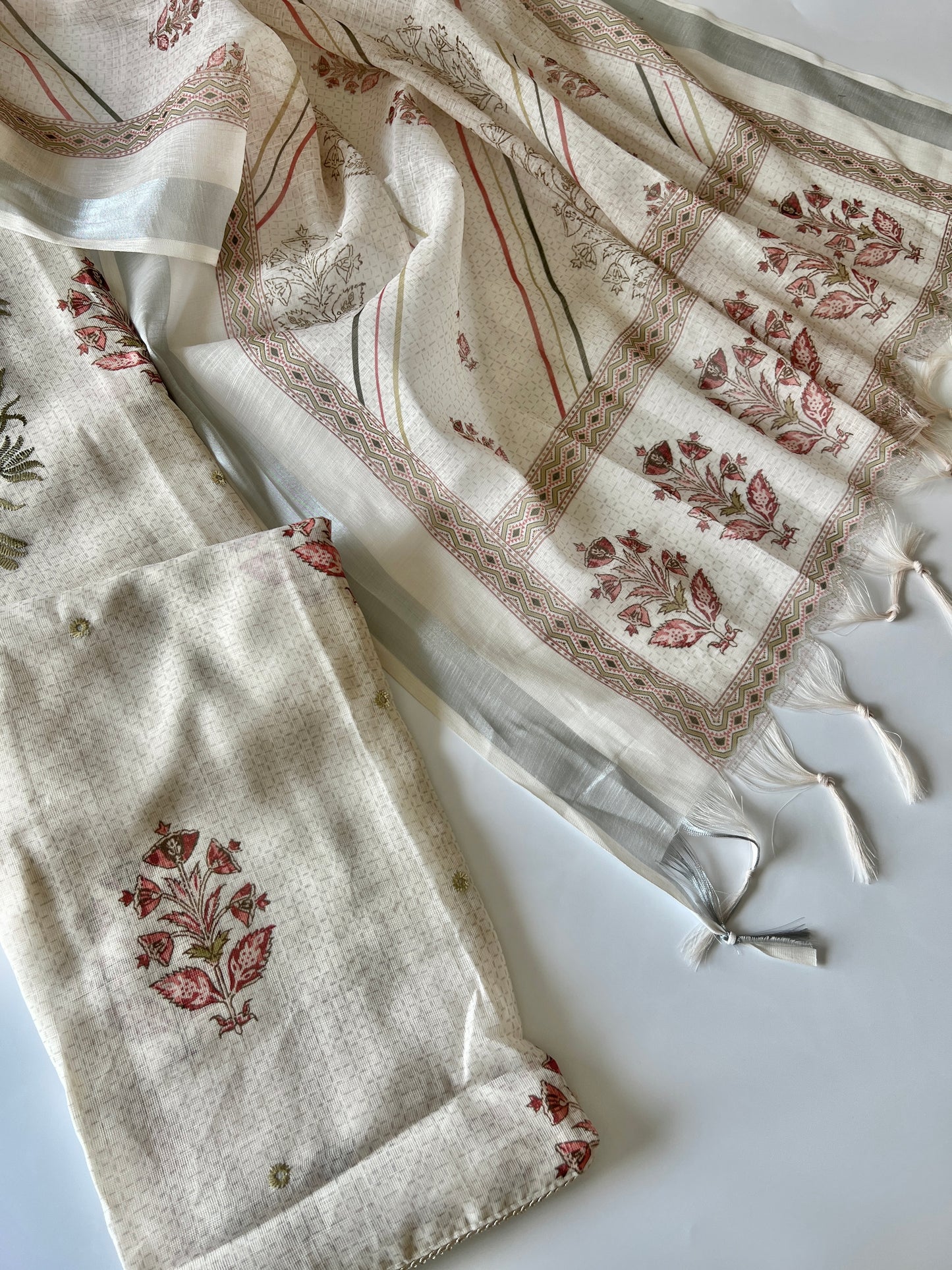 Lightweight cream mul linen unstitched suit set ideal for small functions and graceful festive wear