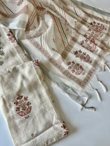 Lightweight cream mul linen unstitched suit set ideal for small functions and graceful festive wear