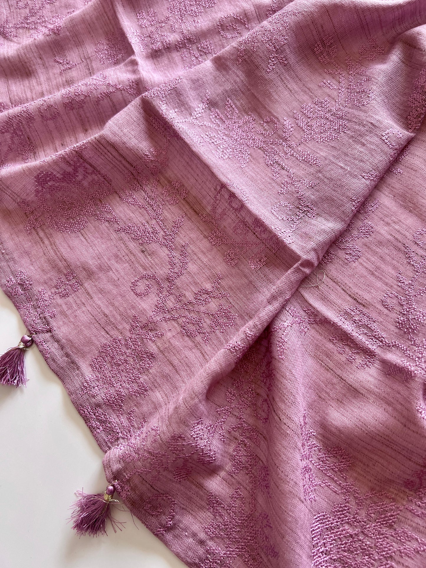 Minimal luxury lilac cotton suit material with monochrome thread embroidery and elegant ethnic design