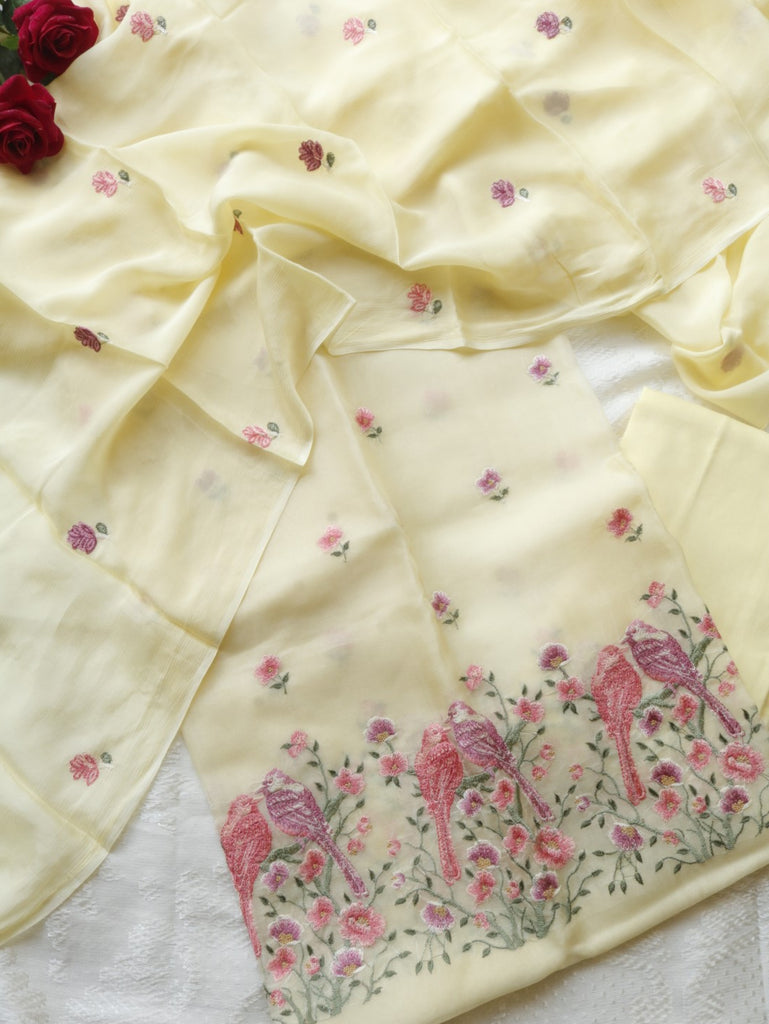 Pure Organza pastel yellow with bird embroidery