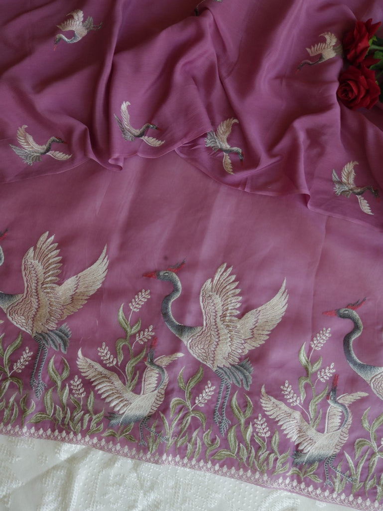 Pure Organza Purple dress with bird embroidery
