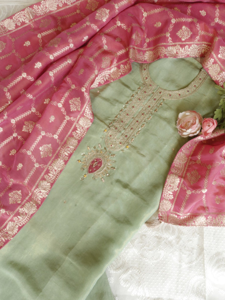 Tissue dress material with neck embroidery