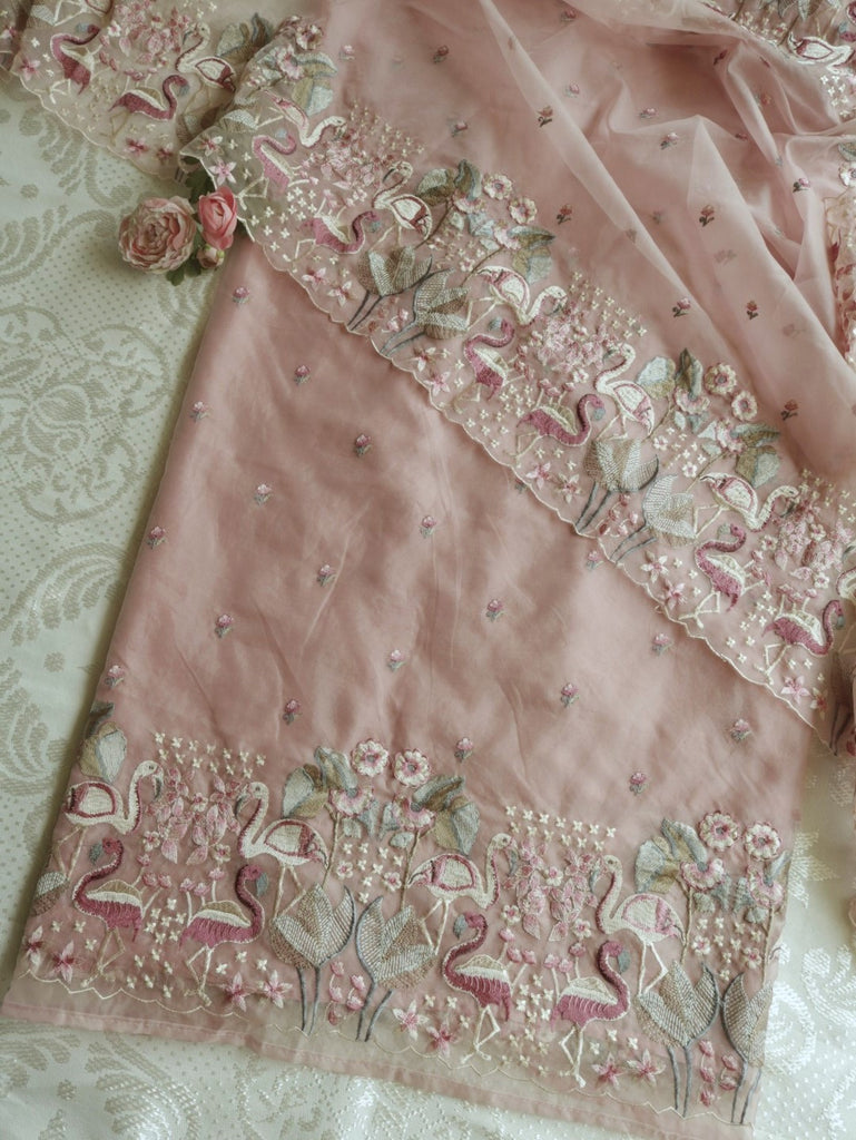 Light Mauve Pure Organza colorful Flamingo embroidery Dress material