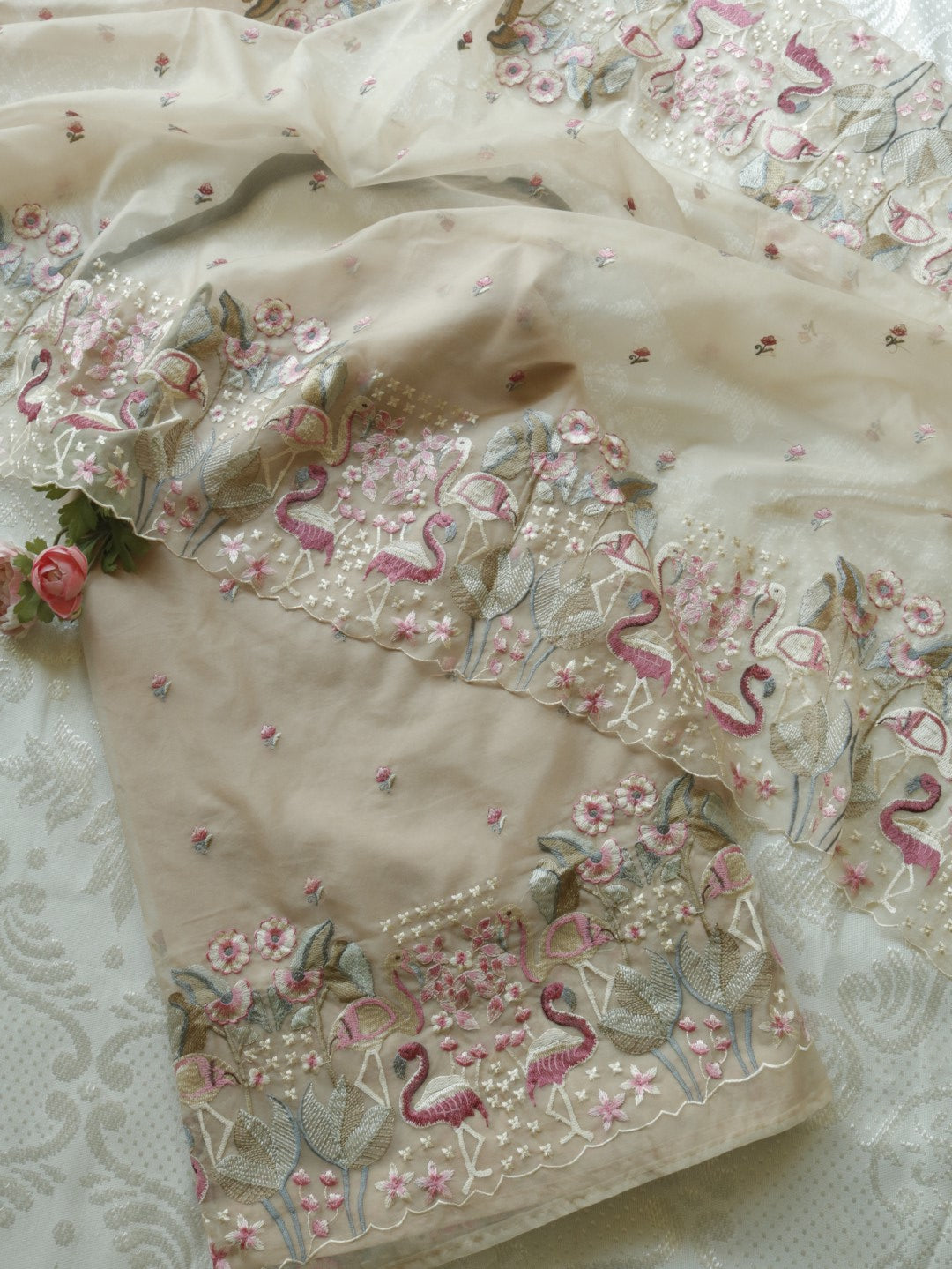 Pure Organza light brown colorful Flamingo embroidery Dress material