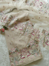 Pure Organza light brown colorful Flamingo embroidery Dress material