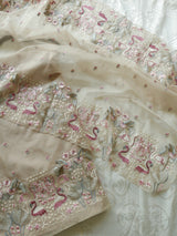 Pure Organza light brown colorful Flamingo embroidery Dress material