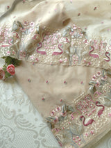 Pure Organza light brown colorful Flamingo embroidery Dress material