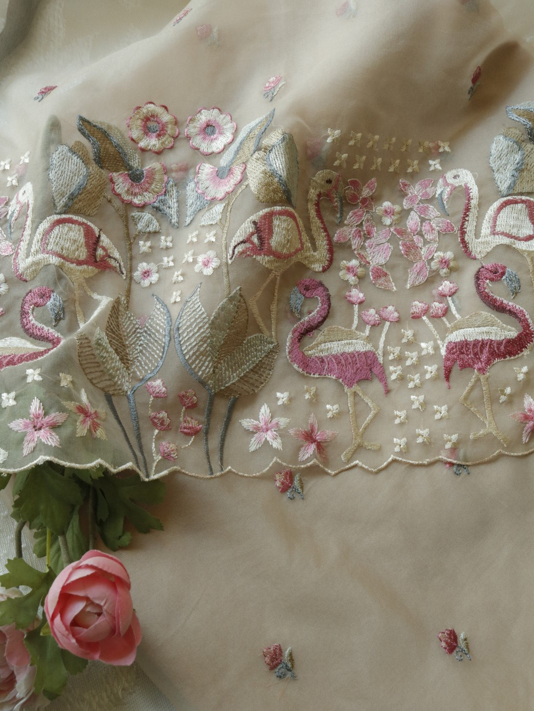 Pure Organza light brown colorful Flamingo embroidery Dress material