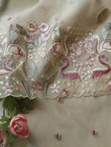 Pure Organza light brown colorful Flamingo embroidery Dress material