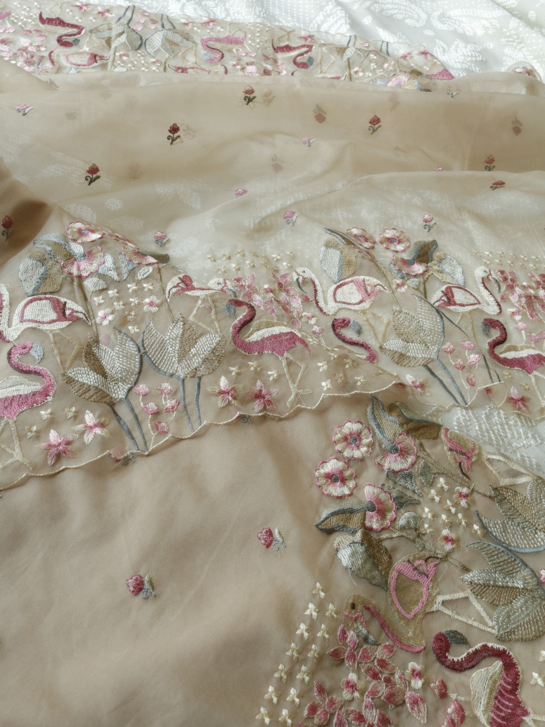 Pure Organza light brown colorful Flamingo embroidery Dress material