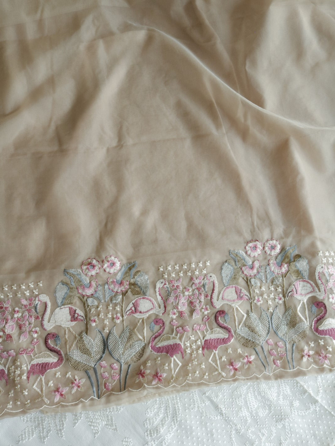 Pure Organza light brown colorful Flamingo embroidery Dress material