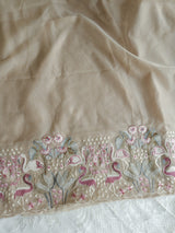 Pure Organza light brown colorful Flamingo embroidery Dress material