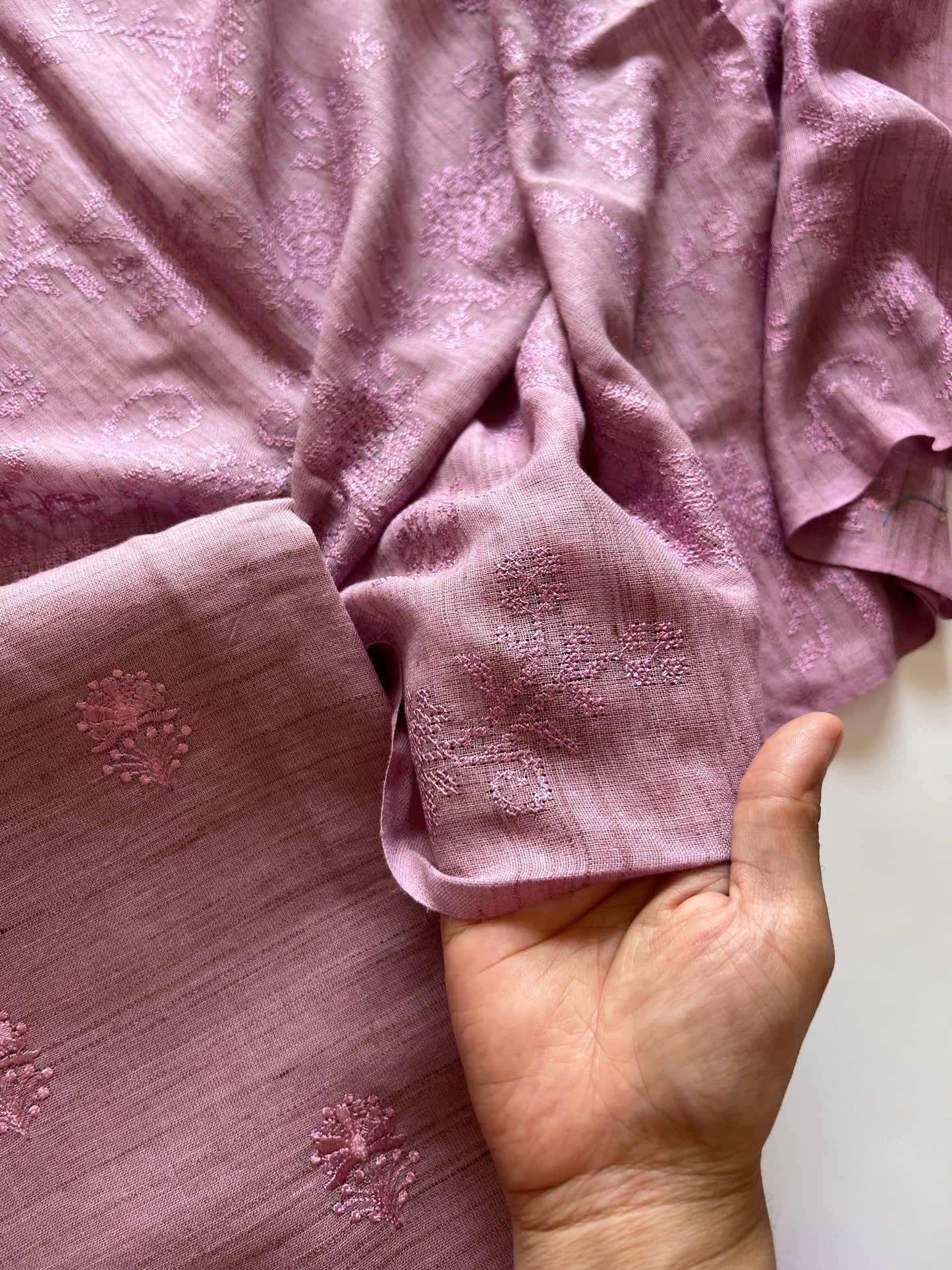 Women’s pure cotton lilac dress material with refined tone on tone embroidered detailing