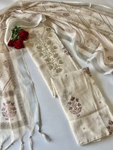 Light cream mul linen unstitched salwar suit material with elegant pitta work and all over print