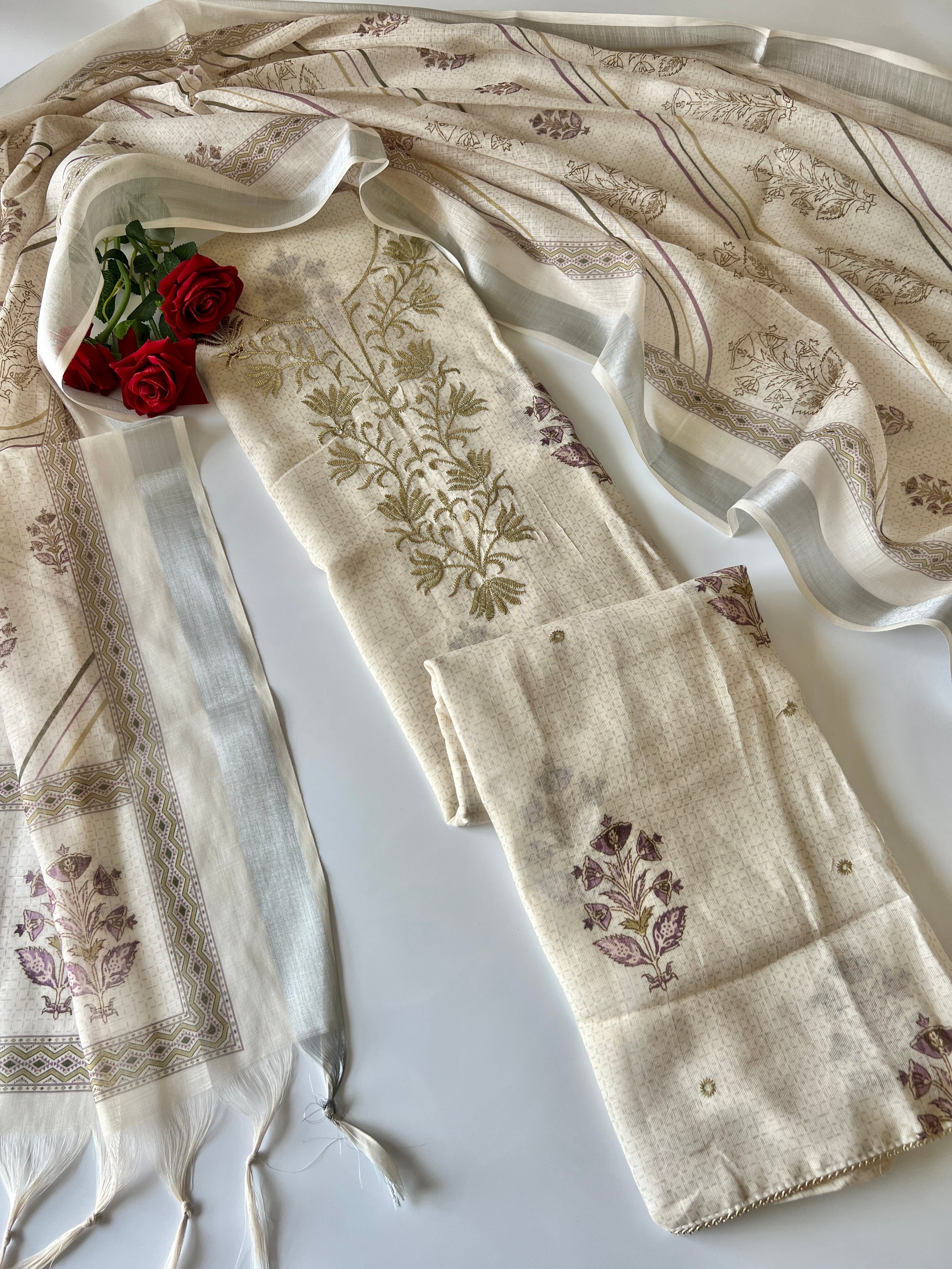 Light cream mul linen unstitched salwar suit material with elegant pitta work and all over print