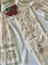 Premium unstitched cream suit set with printed mul linen fabric for festive and everyday wear