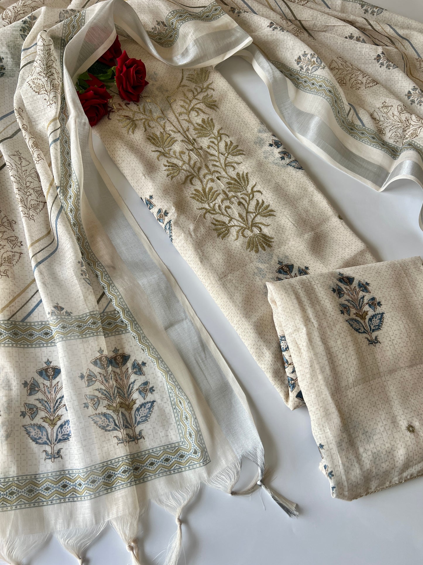 Premium unstitched cream suit set with printed mul linen fabric for festive and everyday wear