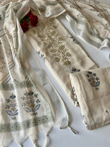 Premium unstitched cream suit set with printed mul linen fabric for festive and everyday wear