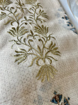 Premium unstitched cream suit set with printed mul linen fabric for festive and everyday wear