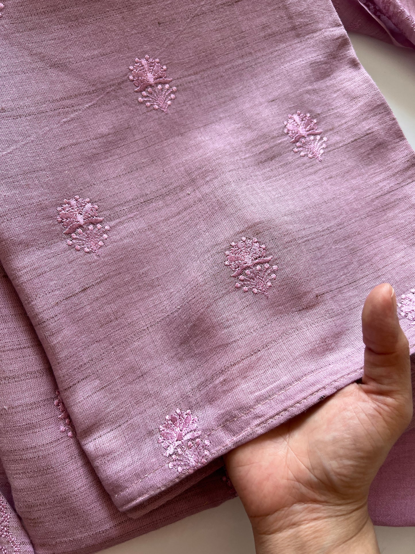 Lilac unstitched cotton suit set with subtle self embroidery for festive and everyday ethnic wear
