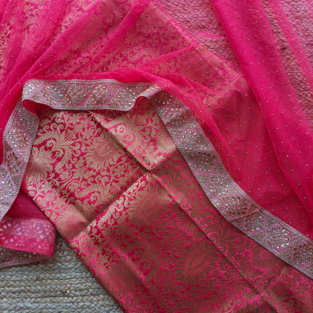 Red pink brocade unstitched kurta piece and kundan border net dupatta