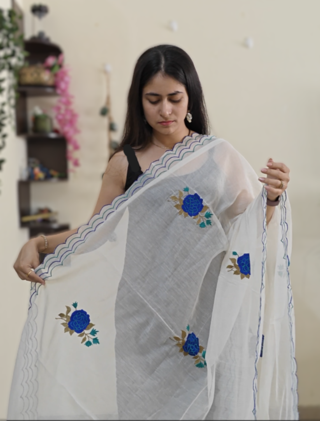 Blue Floral Pure Maheshwari with scallop border Dupatta