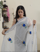 Blue Floral Pure Maheshwari with scallop border Dupatta