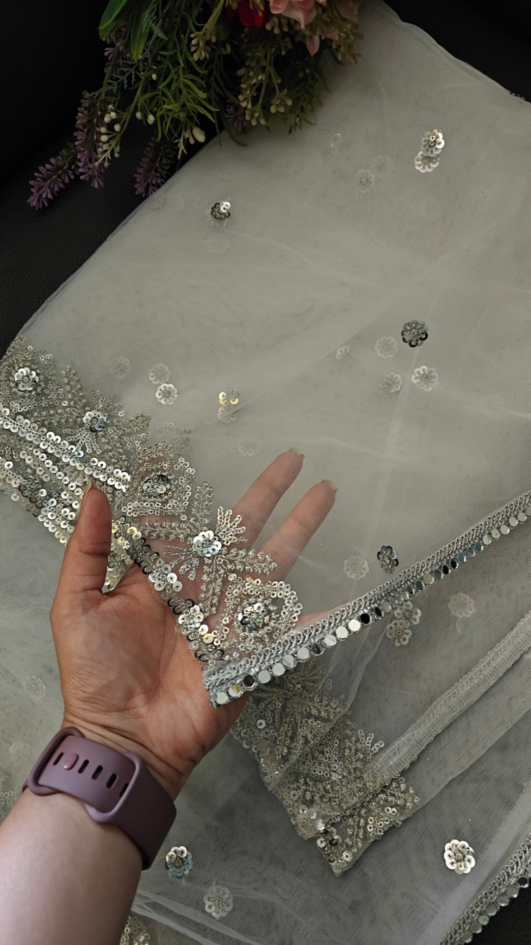 Silver sequin white dupatta