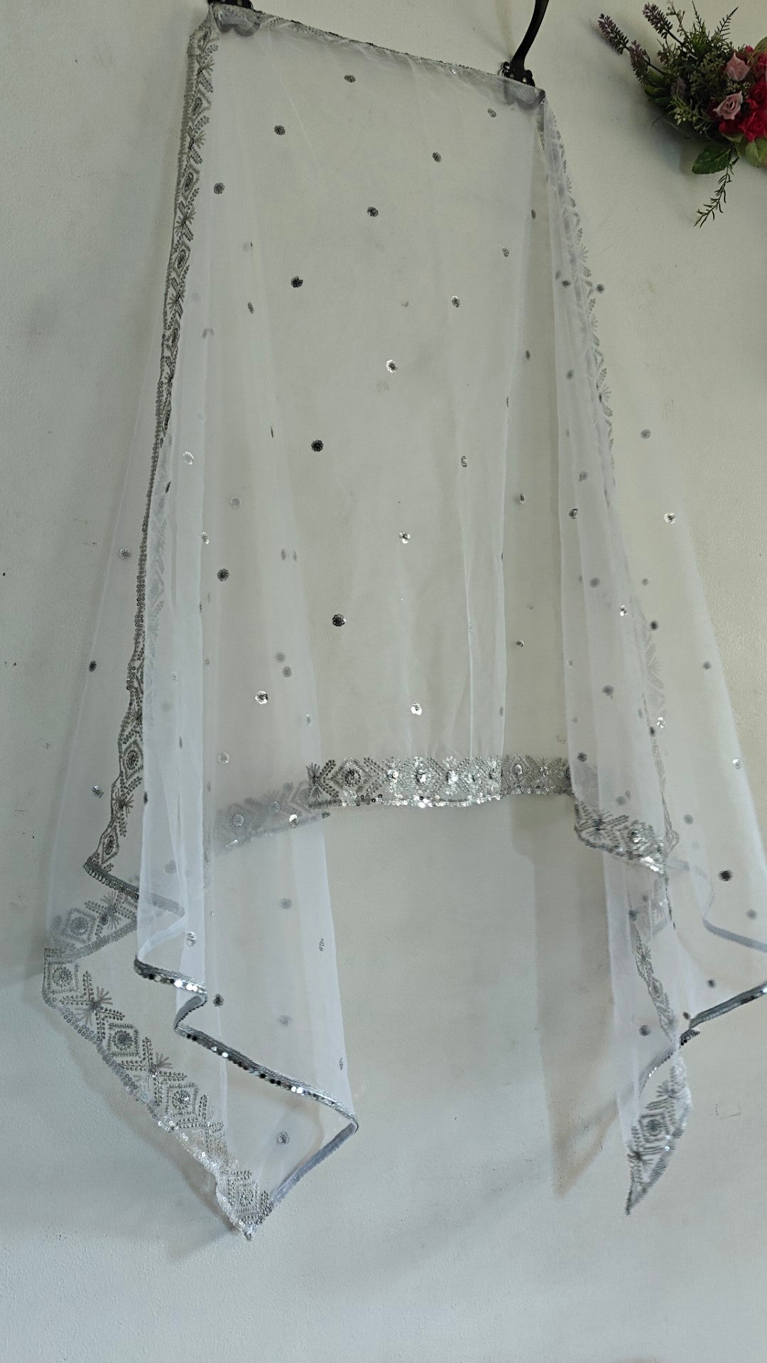 white chunni with silver embroidrey