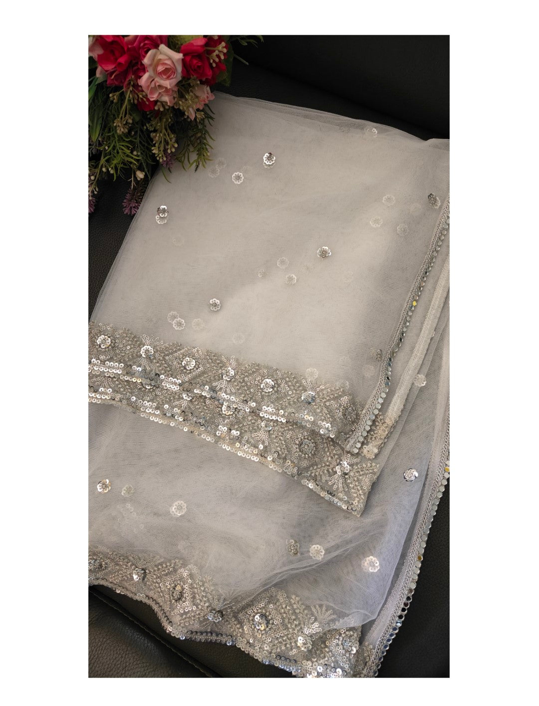Bling dupatta shiny white dupatta silver border