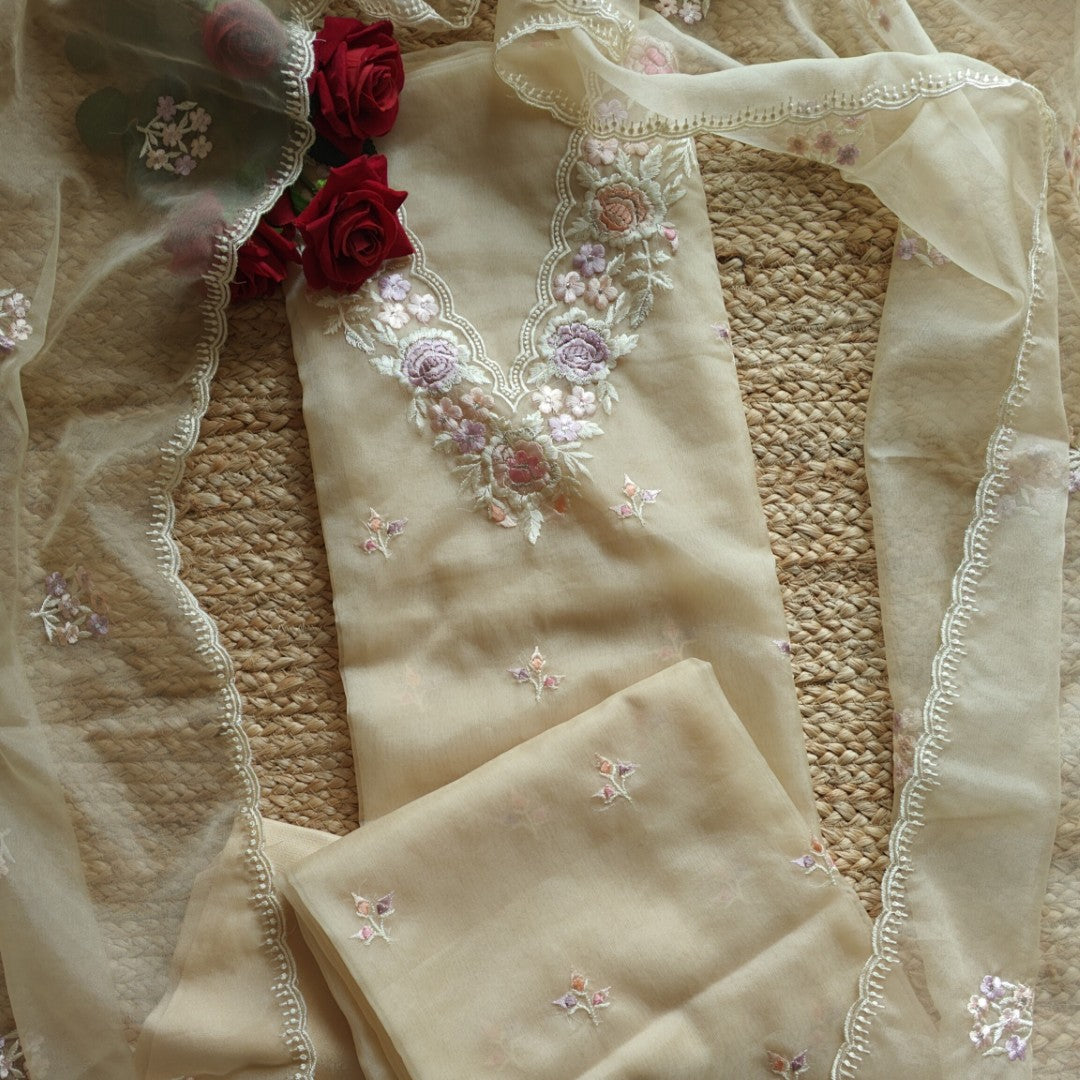 Beige V neck Parsi Embroidery Pure Organza unstitched suit