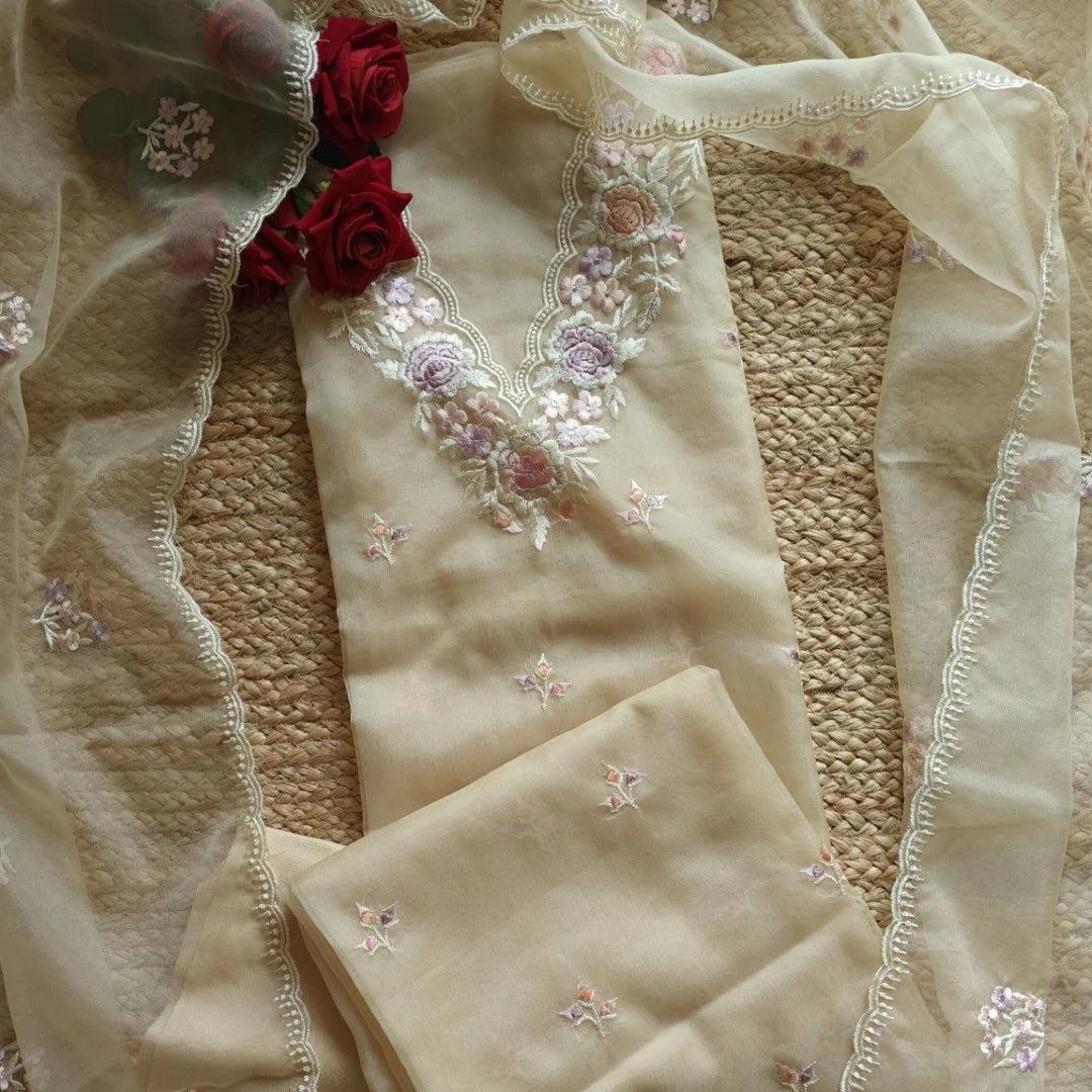 Beige V neck Parsi Embroidery Pure Organza unstitched suit