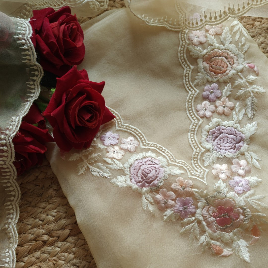 Beige V neck Parsi Embroidery Pure Organza unstitched suit