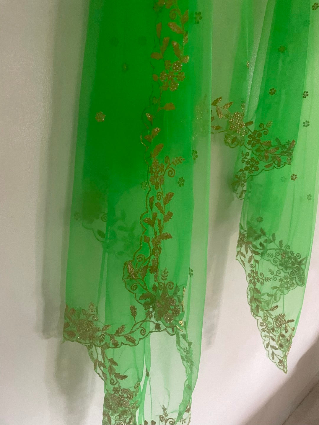 Green Net dupatta with scallop border