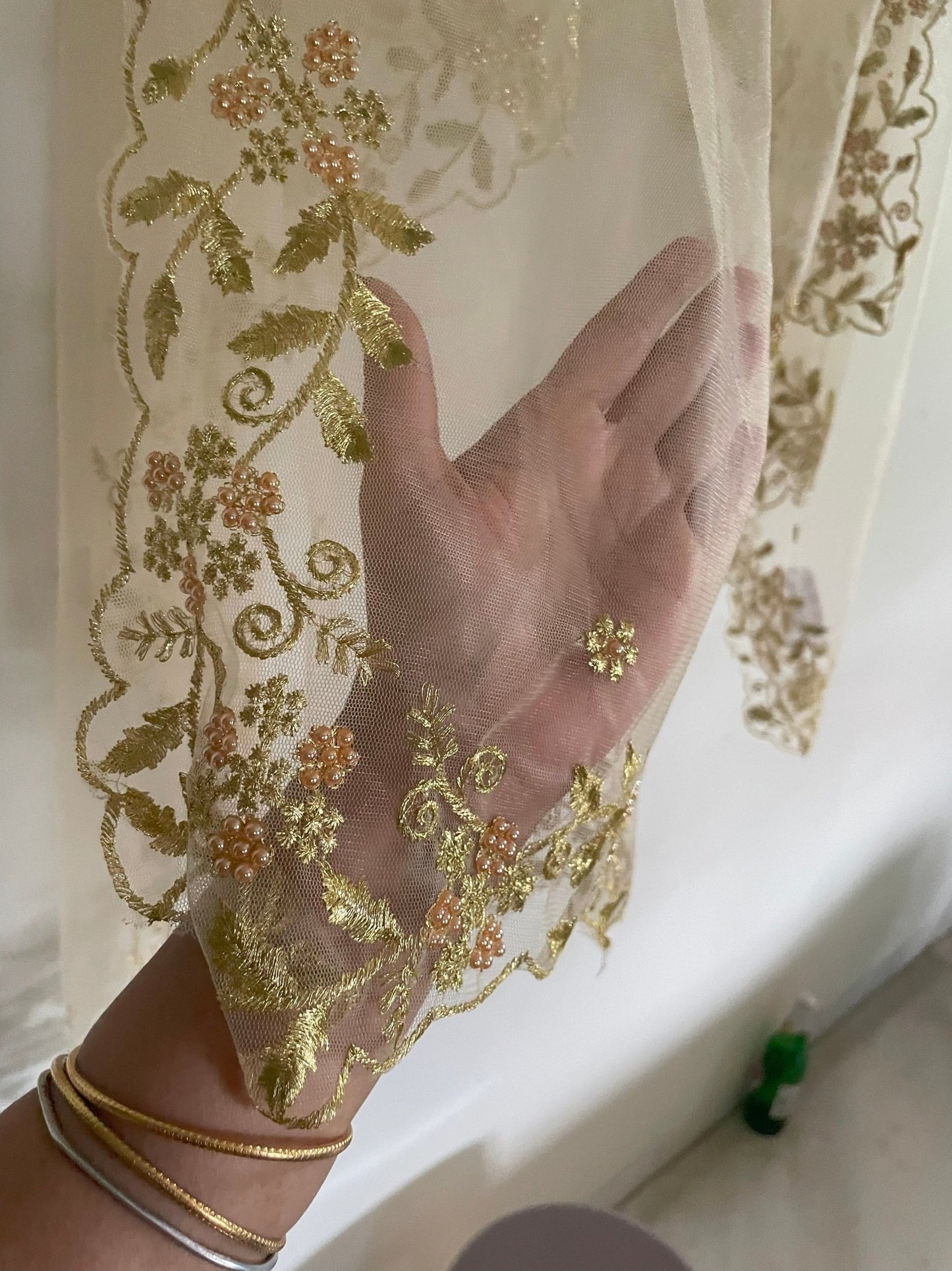 Light gold cream Net dupatta with scallop border - Neel Creations By Saanvi