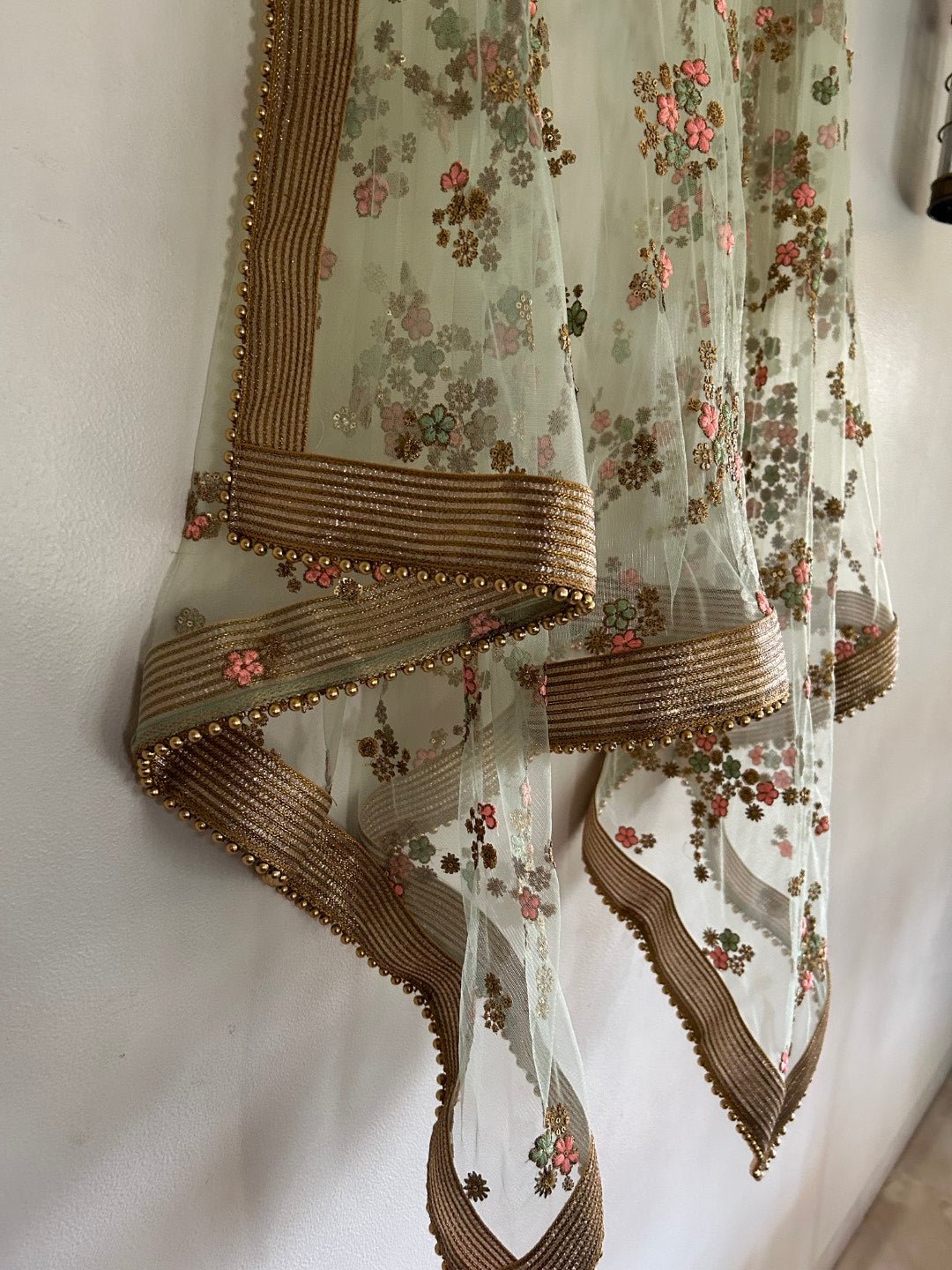 Mint Green Floral net dupatta. - Neel Creations By Saanvi