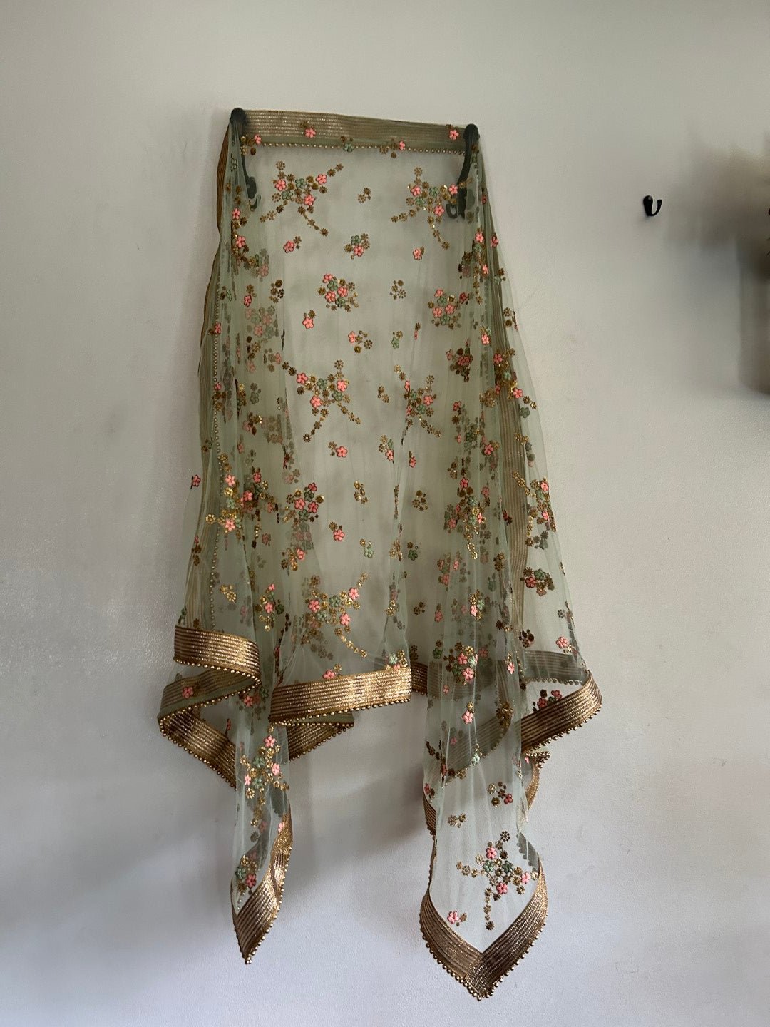 Mint Green Floral net dupatta. - Neel Creations By Saanvi