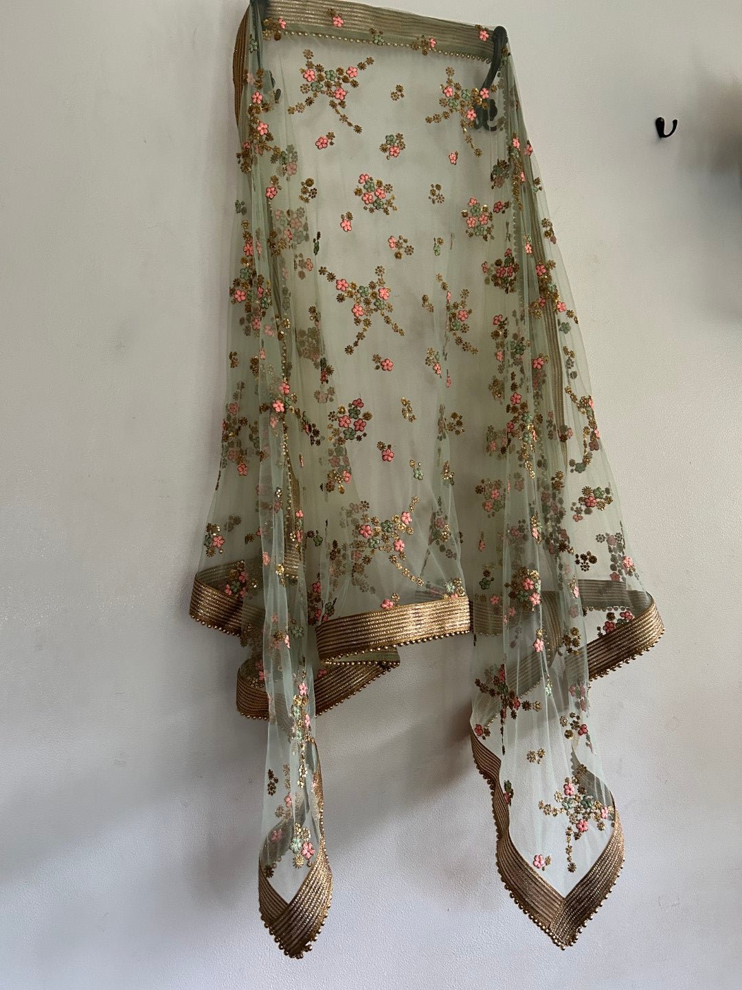 Mint Green Floral net dupatta. - Neel Creations By Saanvi