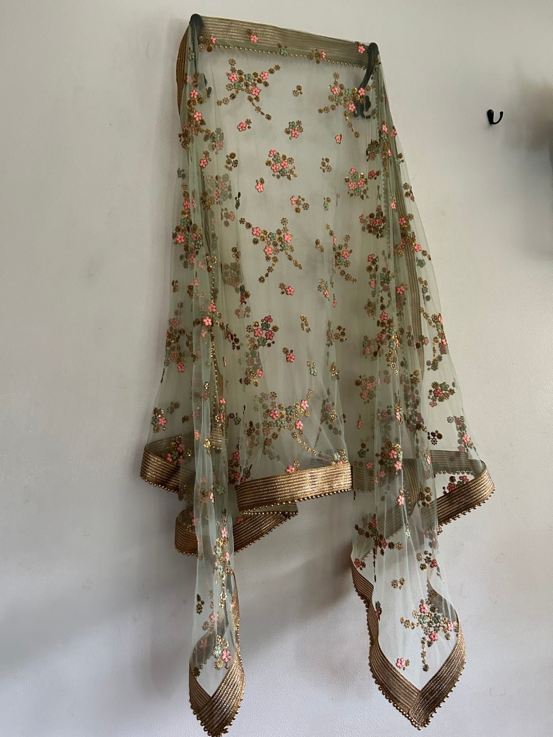 Mint Green Floral net dupatta. - Neel Creations By Saanvi