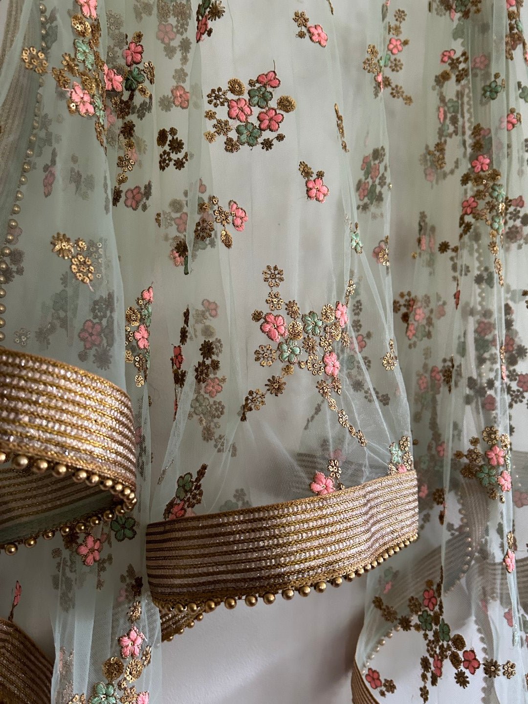 Mint Green Floral net dupatta. - Neel Creations By Saanvi