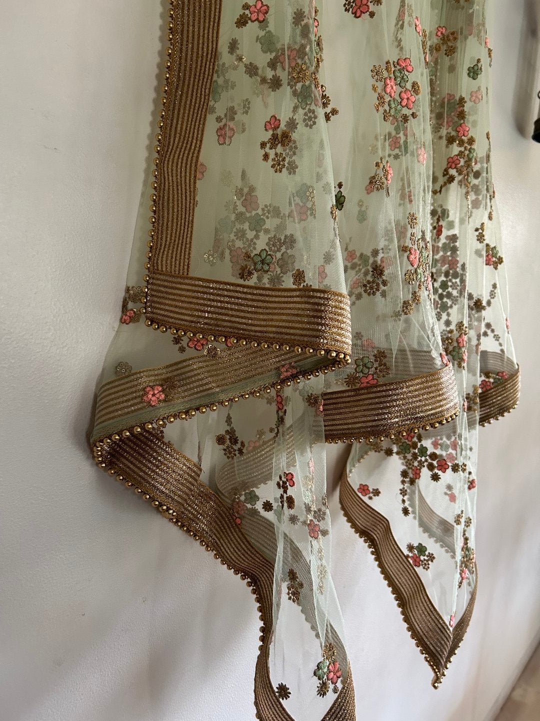 Mint Green Floral net dupatta. - Neel Creations By Saanvi