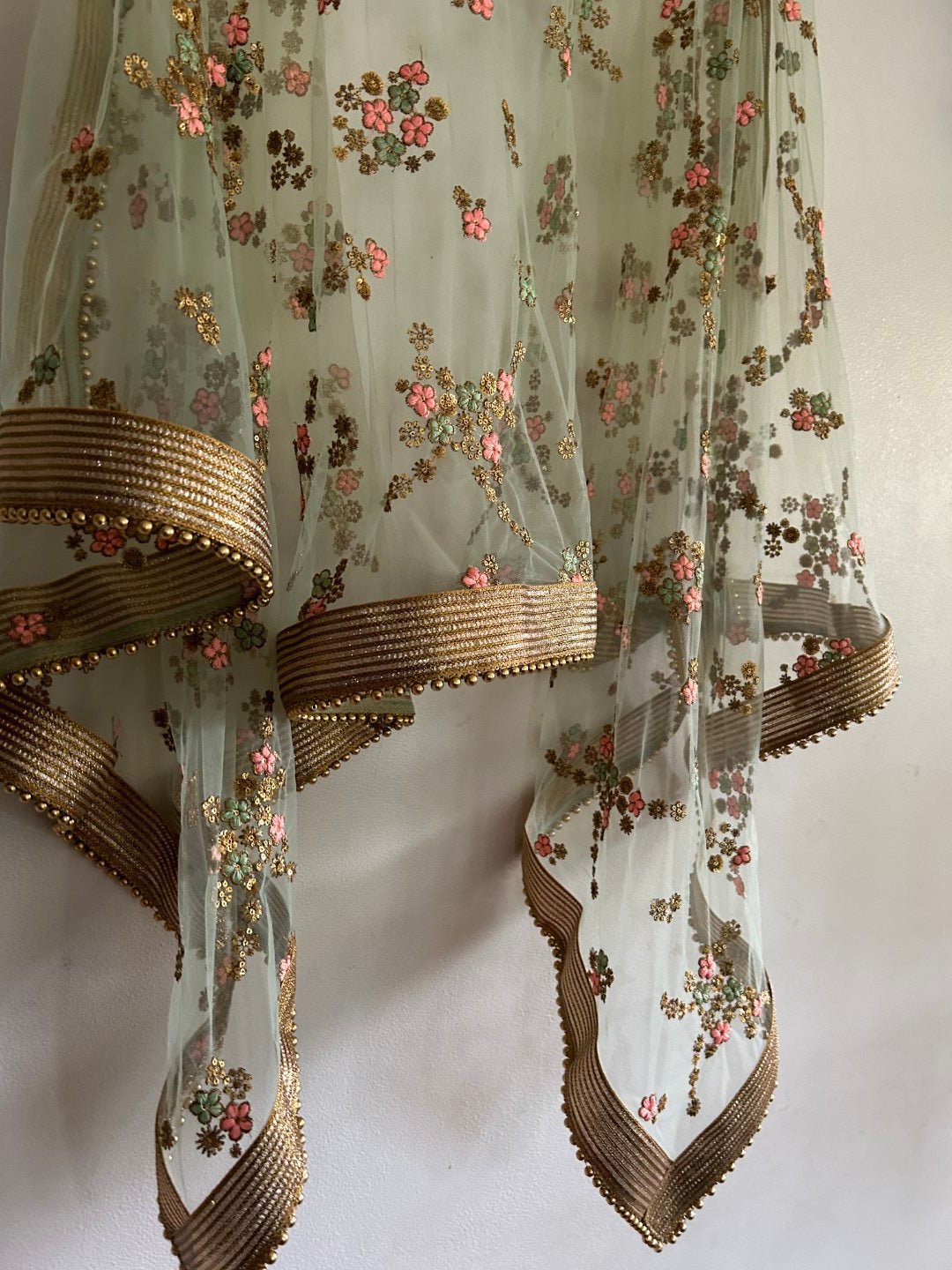 Mint Green Floral net dupatta. - Neel Creations By Saanvi