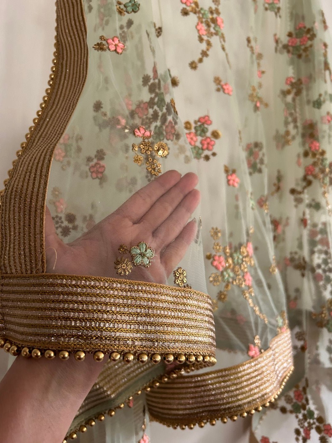 Mint Green Floral net dupatta. - Neel Creations By Saanvi