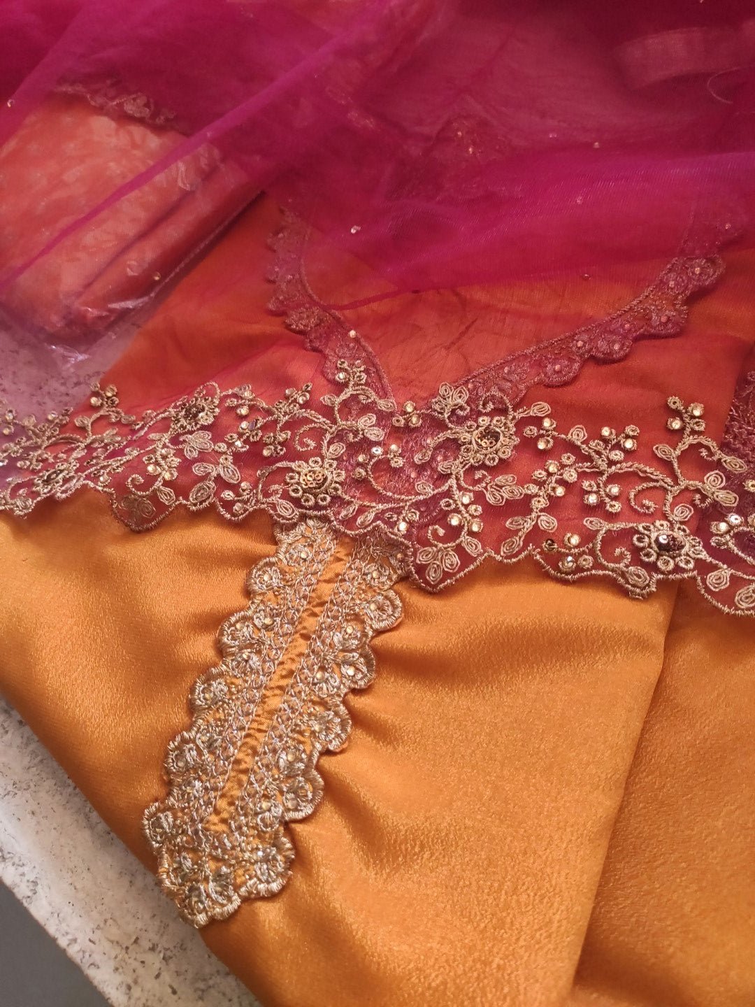 Mustard yellow with pink dupatta dress material. - Neel Creations By Saanvi