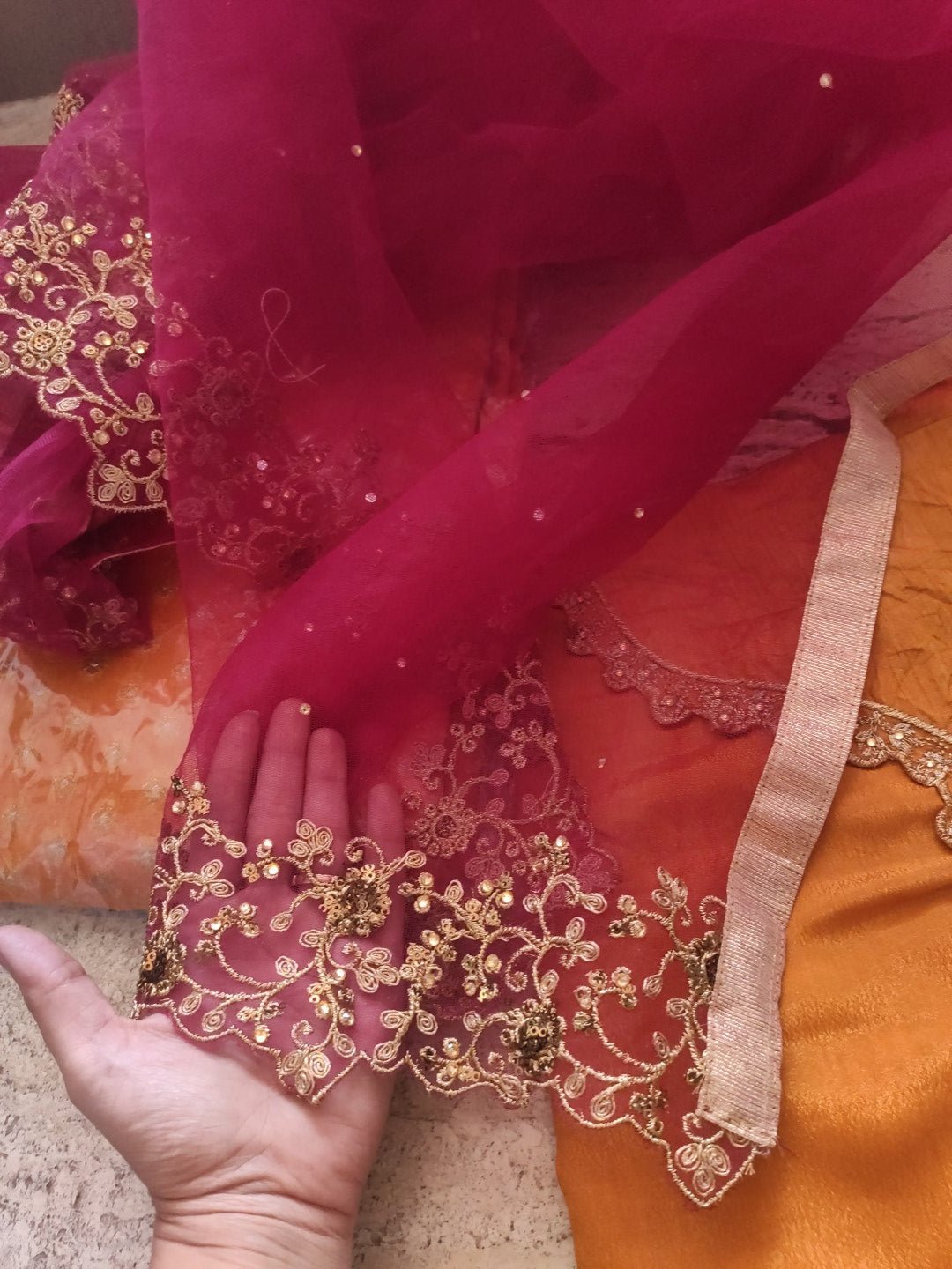 Mustard yellow with pink dupatta dress material. - Neel Creations By Saanvi